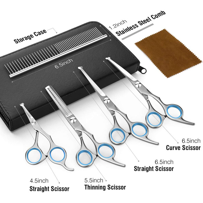 Набір професійних ножиць для грумінгу собак Pawaboo (5 шт.) - ножиці для стрижки, вирівнюючі ножиці, безпечні кінчики, для собак та котів