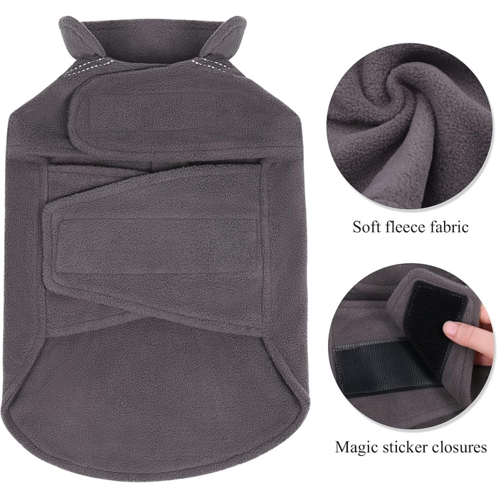 Тепла флісова куртка для собак VIVAGLORY Cozywrap Wintermantel, з отвором для шлейки, відбиваючі елементи, регульована, сірого кольору, XXS (обхват грудей 29-40 см)