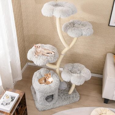 Дерев'яна кігтеточка для котів COSTWAY 165 см з 4 лежаками, будиночком та сизалевими стовпчиками, велика, з металевим каркасом, сіра