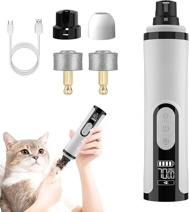 Електричний точило для собачих кігтів, пристрій для шліфування кігтів з LED-підсвічуванням, бездротова зарядка USB, запасні насадки для цуценят, обрізання кігтів для собак та котів (1+2 x запасна насадка)