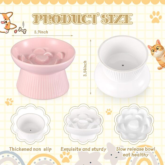 Підвищені миски для котів Layhit з кераміки, проти блювоти, повільне годування, для сухого та вологого корму, кошенята, 2 шт. (рожевий / білий)