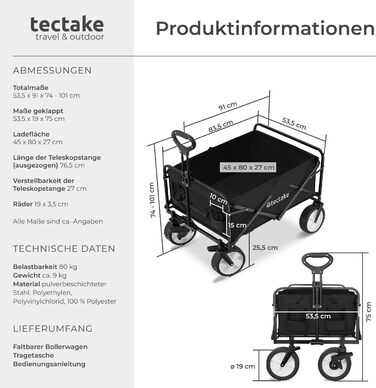 Тектейк - візок-валіза складний, чорний, 80 кг, з сумкою для перевезення на пляж, у сад