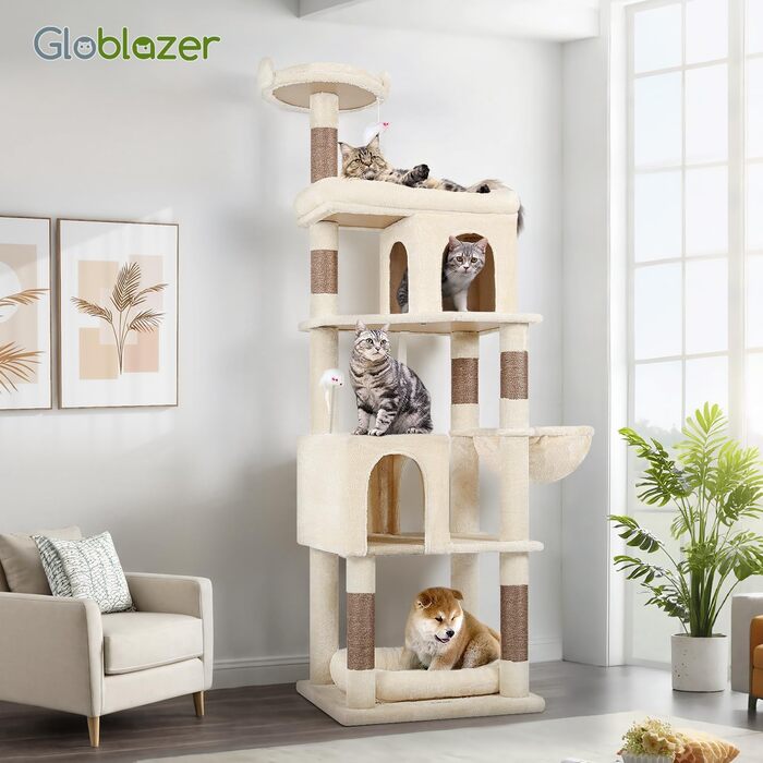 Драбина для котів Globlazer, 183 см, XXL, бежева. Місце для відпочинку, печери, стійка для великих котів (Maine Coon, BKH). Іграшки, активна зона.