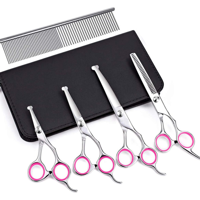Набір професійних ножиць для собак з безпечним круглим наконечником, для грумінгу та стрижки шерсті. З набором для фінальної обробки. Підходить для собак та котів. Нержавіюча сталь, рожевий колір