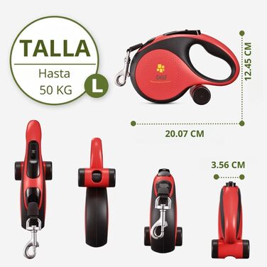 Висувна поводок для собак, 3 м, довгий поводок для малих, середніх та великих собак, ергономічна ручка, до 15 кг, червоний, L