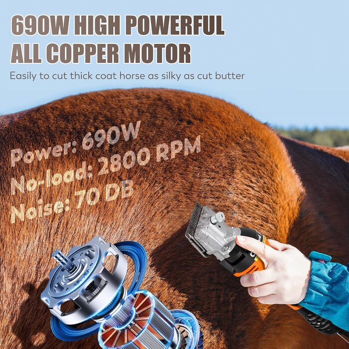 Професійна машинка для стрижки коней CGOLDENWALL 690W, 6 рівнів регулювання, 2800 об/хв, мережева модель (кабель 5м)