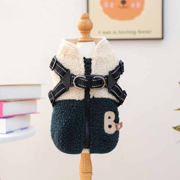 Тепла жилетка для собак з флісовою підкладкою та інтегрованим шлейкою, зручний зимовий одяг для малих та середніх тварин, зелено-білий колір