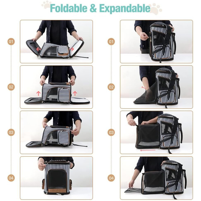 Екскескі Розширюваний рюкзак для кота – дихаючий, портативний, для середніх та великих котів та собак, з внутрішньою безпечною кліткою та килимком, підходить для ваги до 9 кг (XL, смугастий)