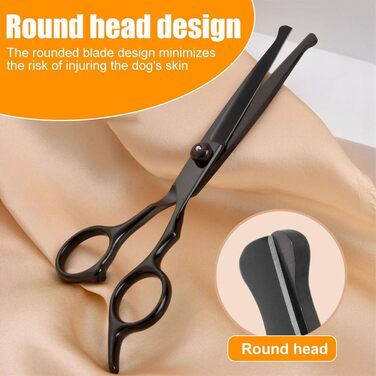 Набір професійних ножиць для собак 6-в-1 з круглим наконечником, чорний нержавіючий сталь, з серветкою для догляду за шерстю собак, котів та інших тварин