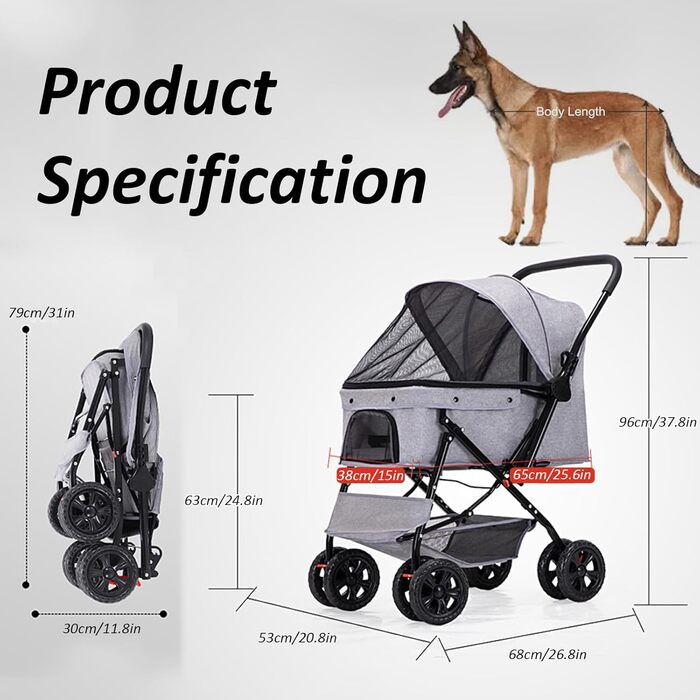 Візок для тварин, візок для собак та котів до 20 кг, чорний. Зручний, з поворотними колесами, кошиком для зберігання та гальмом. Легко складається.