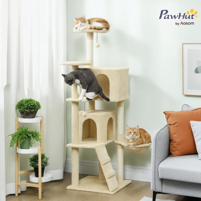 Ігровий комплекс для котів PawHut: стельовий кігтеточка-комплекс, регульована висота 225-275 см, бежевий