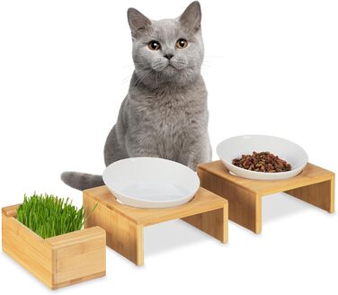 Набір мисок для котів Relaxdays з травою для котів, 2 керамічні миски по 350 мл, бамбуковий підставник, придатні для миття в посудомийній машині, натуральний/білий