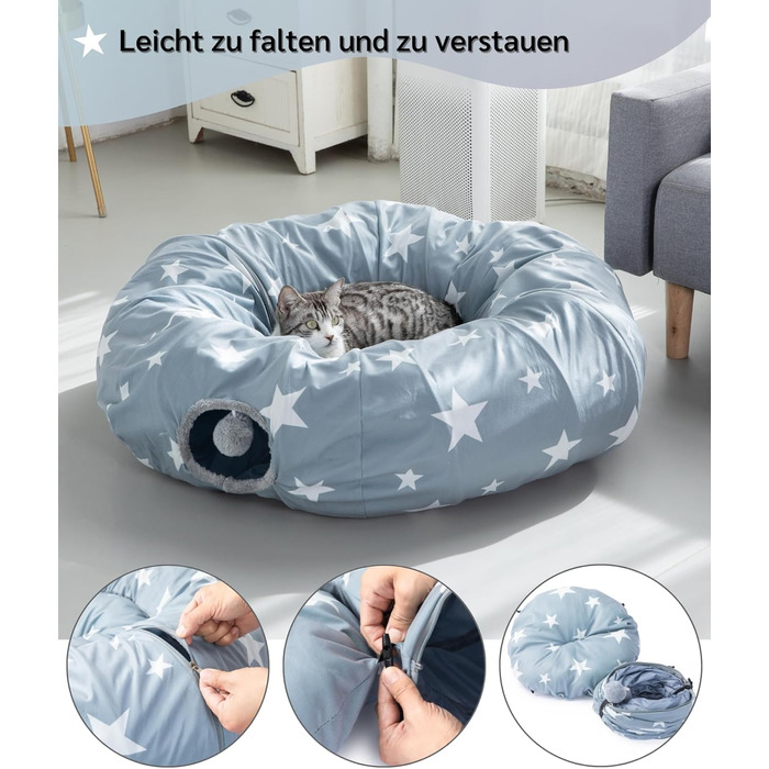 Туннель для котів JanYoo з м'яким ліжком, круглий тунель з двома входами, котяча печера, іграшка для котів, великий знімний тунель для гри в приміщенні