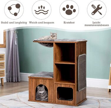 Клітка-кігтеточка для котів Costway з будиночком та килимками, дерев'яна, 69x39x80,5 см