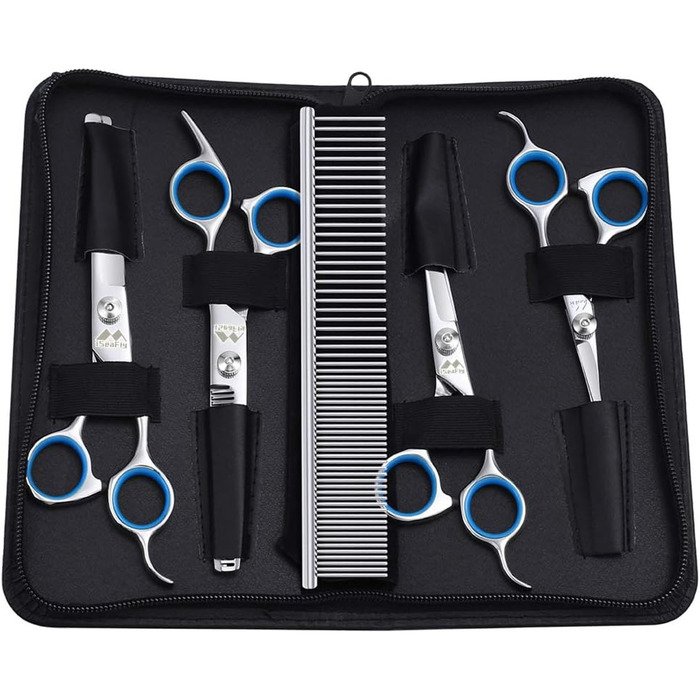 Набір професійних ножиць для собак iSeaFly, 5 в 1, з безпечними закругленими кінцями, з високоякісної нержавіючої сталі, для грумінгу всього тіла, обличчя, носа та вух (блакитний)