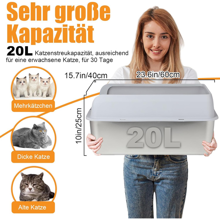 Набір для котів Edelstahl XXL: лоток для котів з нержавіючої сталі, великий (30л), з міцною лопаткою. Розмір 60x40x25 см. Безпечний від протікання.