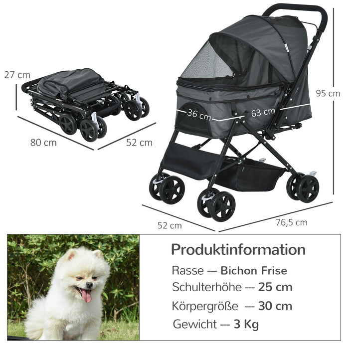Коляска для маленьких собак і кішок PawHut Dog Buggy для маленьких собак і кішок, коляска для домашніх тварин, Oxford Dark Grey, 76,5 x 52 x 95 см