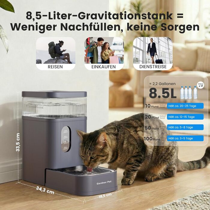 Автоматична поїлка для собак та котів Gardner Pet 8.5л, нержавіюча сталь, гравітаційна, безшумна, сіра. Поїлка та годівниця 2в1, BPA-free
