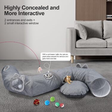 Туннель-ліжко для котів Odoland з м'яким лежком, інтерактивна іграшка з кулькою та шурхотливим тунелем для кошенят, кроликів, цуценят та інших дрібних тварин