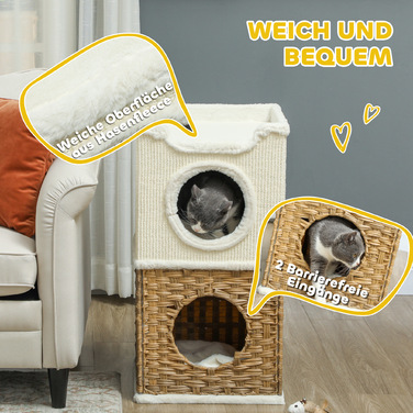 PawHut Scratching Barrel висотою 75,5 см Триярусна бочка для кішок з плюшевим краєм, подушка, котяча печера, котяче дерево для середніх кішок, кремово-біле | Аосом