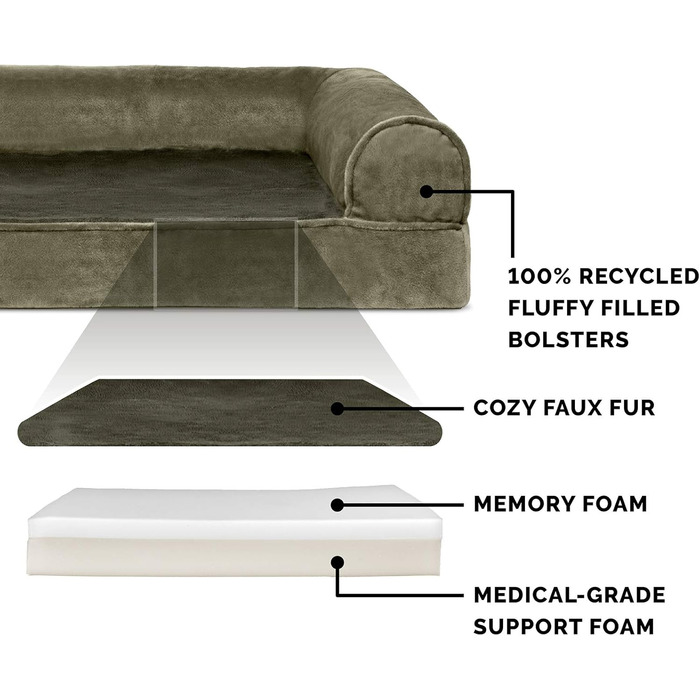 Ліжко для собаки Furhaven середнє з ортопедичним матрацом Memory Foam, штучне хутро і велюр, диван-стиль, знімний та праний чохол, темно-зелений