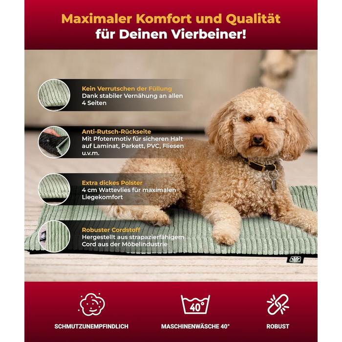 Килимок для собак HS-Hundebett® з підкладкою Cord, XS – антиковзаюча поверхня, м'яка ковдра для собак, комфортне місце для відпочинку – виготовлено в Німеччині (зелений, 65x95 см)