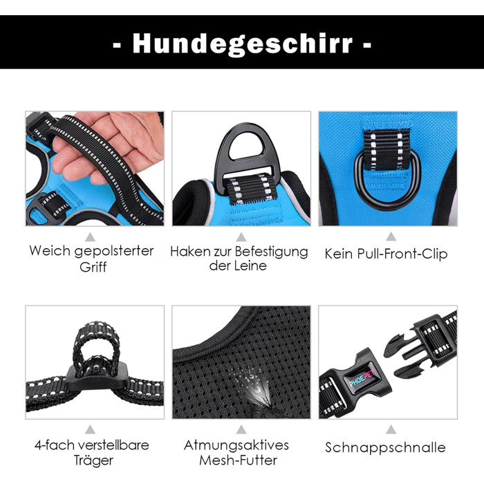 Шлейка для собак PHOEPET, регульована, для прогулянок, з карабіном, світловідбиваючими смугами, ручкою, для середніх та великих собак (L, блакитна)