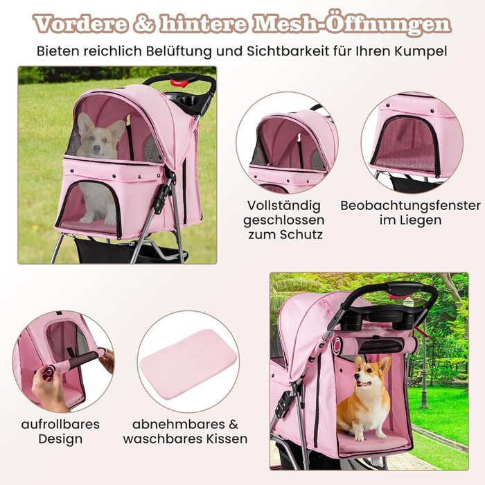 Візок для тварин GYMAX: розкладний, для котів та собак до 15 кг, з кошиком, захистом від дощу та сіткою, 4 колеса (Рожевий)
