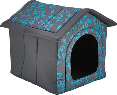 Будиночок для собак і котів HobbyDog XL 60x55x60 см, синій з квітами, знімний дах, для середніх порід, для дому
