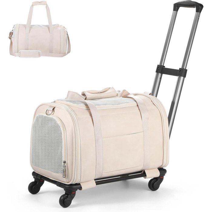 Сумка-переноска для тварин з екошкіри на колесах, для собак та котів до 6,8 кг, дозволена для перевезення в літаку, для подорожей, кемпінгу (Білий/Опудаловий сад)