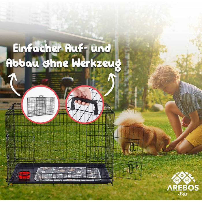 Клітка для собак Arebos 77,5 x 53 x 59 см | Автомобільна переноска для собак, складана | Клітка-переноска для собак, чорна | Для дому