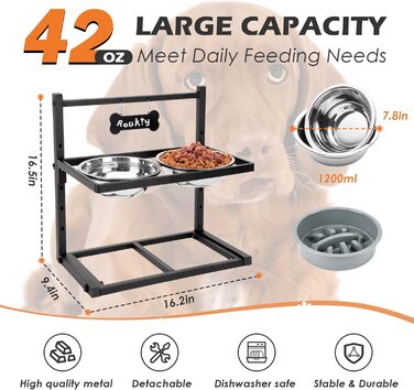 Підвищені годівниці для собак з повільним годуванням, 5 рівнів регулювання, антиковзкий, міцний металевий каркас, непромокальний килимок, стійкі до іржі миски, легко миються, висота: 42 см (для великих собак, сірий)