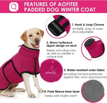 Теплий зимовий пуховик для собак великих порід AOFITEE, водонепроникний пуховик з коміром-гетром, з отвором для шлейки, рожевий (XL)