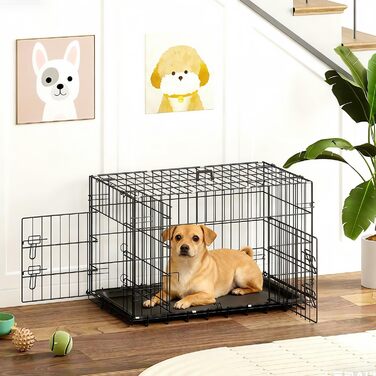 Клітка для собак BestOffice, складана, з 2 дверцятами, висувний піддон, ручка, переноска для собак, 61x42x48 см, S, чорна