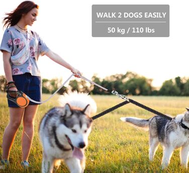 Висувна собача повідка для малих порід (до 50 кг) – подвійний колір, 4.8 м, з мішками для екскрементів, відбиваюче тросик, управління ключем, 360°, оранжево-червоний візерунок 