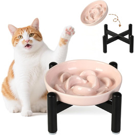 Антислизький годівниця для котів з кераміки з металевим підставкою - Підвищена годівниця проти заковтування - Лабіринтова миска для повільного годування - Рожева миска + метал - Рожевий колір