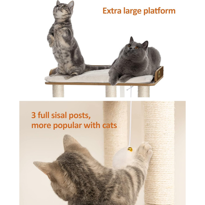 Котячий комплекс FourFurPets, 68 см, з трьома 60 см сизалевими стовпами, великі платформи 56x40 см, вінтажно-коричневий