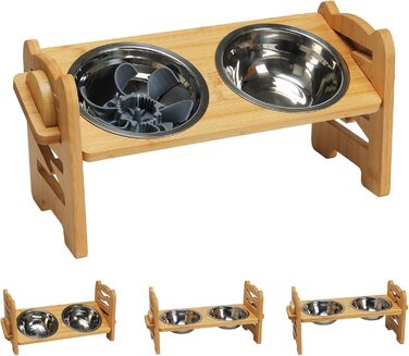 Підвищена годівниця для собак RLAVBL з бамбука, регульована, для повільного годування, з 2 нержавіючими мисками, антиковзаючі підкладки, для собак та котів
