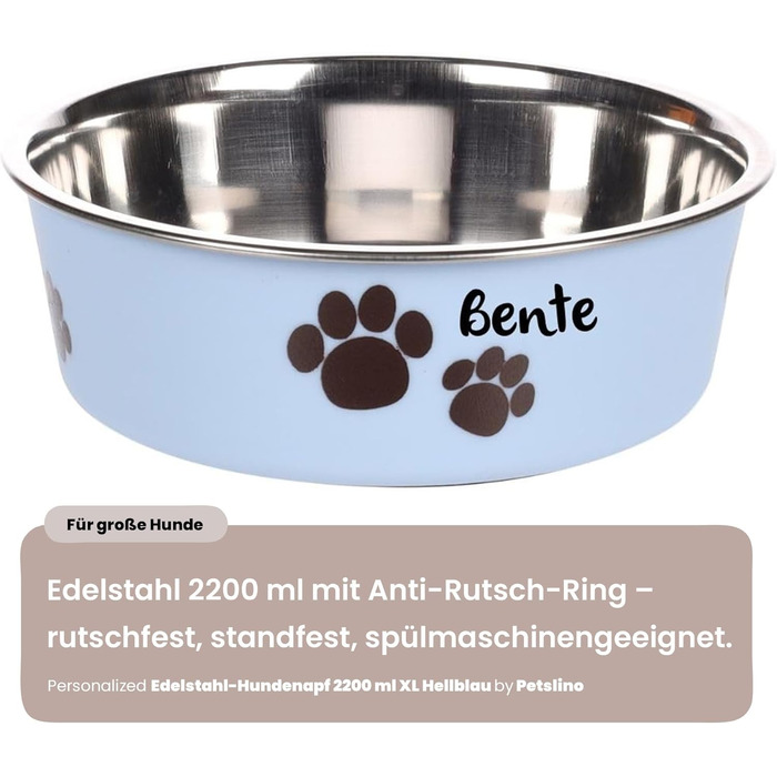 Миска для собак з нержавіючої сталі Petslino Hellblau XL, 2200 мл, з гравіюванням, антиковзаюча, для великих собак