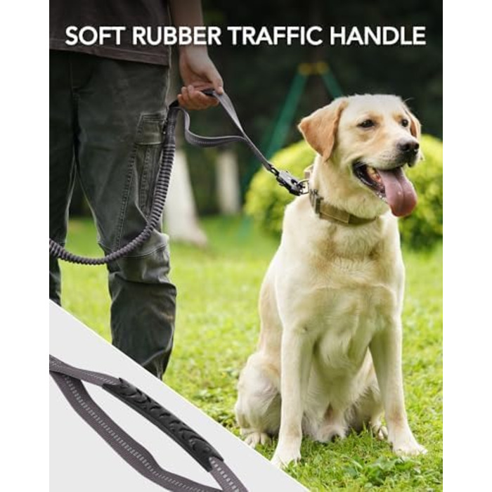 Тактична повід для собак Joytale, еластичний (bungee) повід з двома м'якими ручками, автофіксатор, повід без ривка для собак середніх, великих та екстра-великих порід (1.2м-1.8м, сірий)