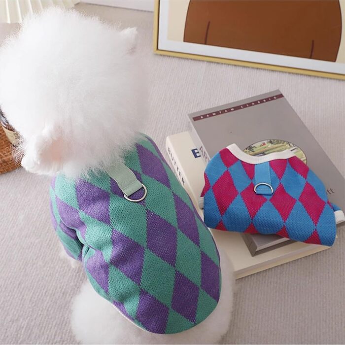 Пуловери для собак - 2 шт. (Такса), святкові в клітинку, з кільцем для повідка, для цуценят та середніх собак (Large)