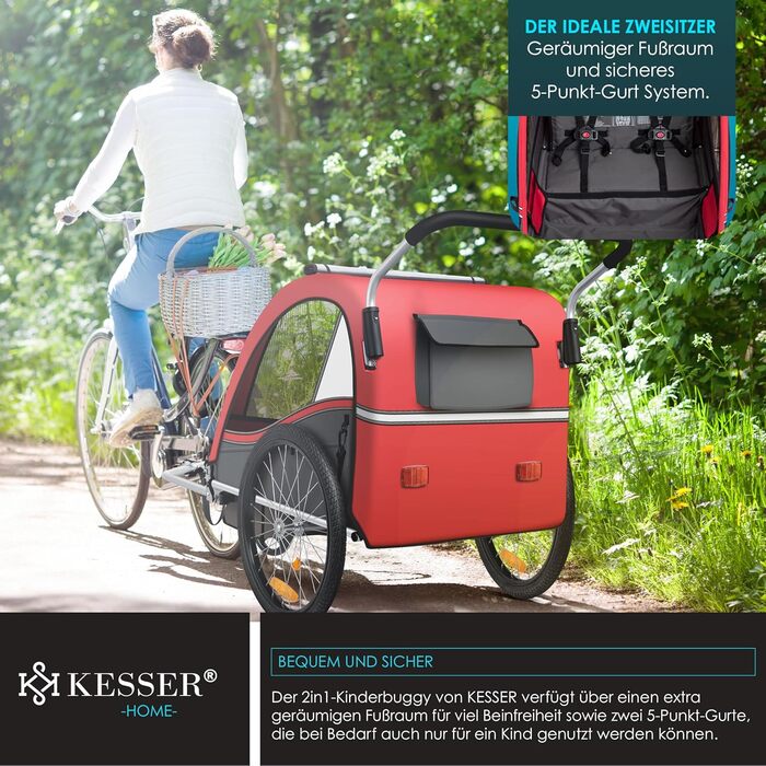 Дитячий велопричіп KESSER Sport-RX 2в1 (велопричіп/візок) для 1-2 дітей, 360° обертання, 5-точкова система безпеки, максимальне навантаження 40 кг, тримач для напоїв та смартфон, червоний