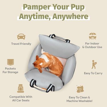 Автокрісло для собак (водостійкий бустер) з ручками та кишенями, до 13,6 кг – сірий