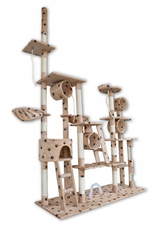 Величезний ігровий комплекс для котів XXL (255 см) — Дряпалка-вежа з гамаком, тунелем та будиночком, бежевий