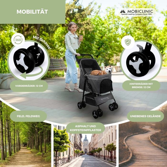 Візок для собак Mobiclinic® Pets, сірий, до 15 кг, з великим кошиком, 3 вікна, гачок для води, поворотні колеса з гальмом