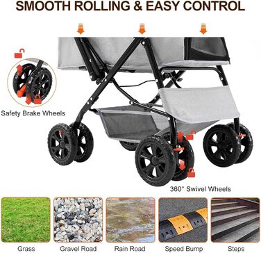 Візок для тварин, візок для собак та котів до 20 кг, чорний. Зручний, з поворотними колесами, кошиком для зберігання та гальмом. Легко складається.