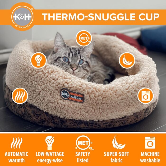 K&H PET PRODUCTS Термо-лежак для котів і малих собак, круглий, з підігрівом, для дому, велике тепле ліжко для котів