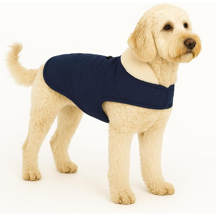 Зимовий теплий нашийник для собак Flamingo Koda, 35 см, темно-синій, поліестер, водовідштовхувальний, з флісовою підкладкою, на липучці, з отвором для повідка, високий комір (M)