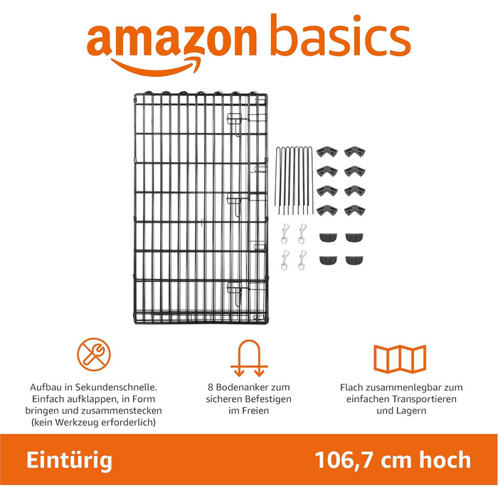 Клітка-бігове колесо для собак та інших домашніх тварин Amazon Basics, металева, складна, з дверцятами, 91 см, чорна (107 см у висоту)