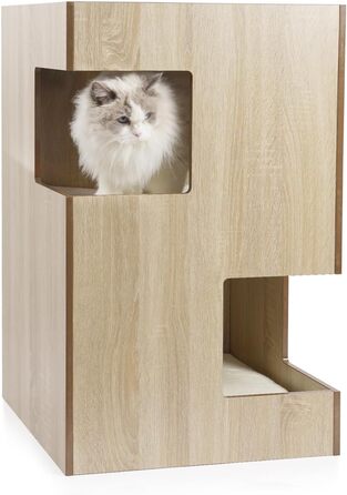 Преміум будиночок для кота з дерева, замок-вежа з лежаками, 50 x 50 x 80 см, темно-сірий (бежевий)